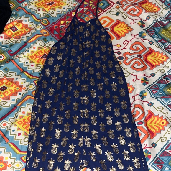 Topshop Pants - Navy Blue Halter Jumpsuit with Gold Pineapple Print